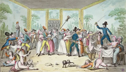 Scène tumultueuse dans une taverne pendant la Révolution française, vers 1789